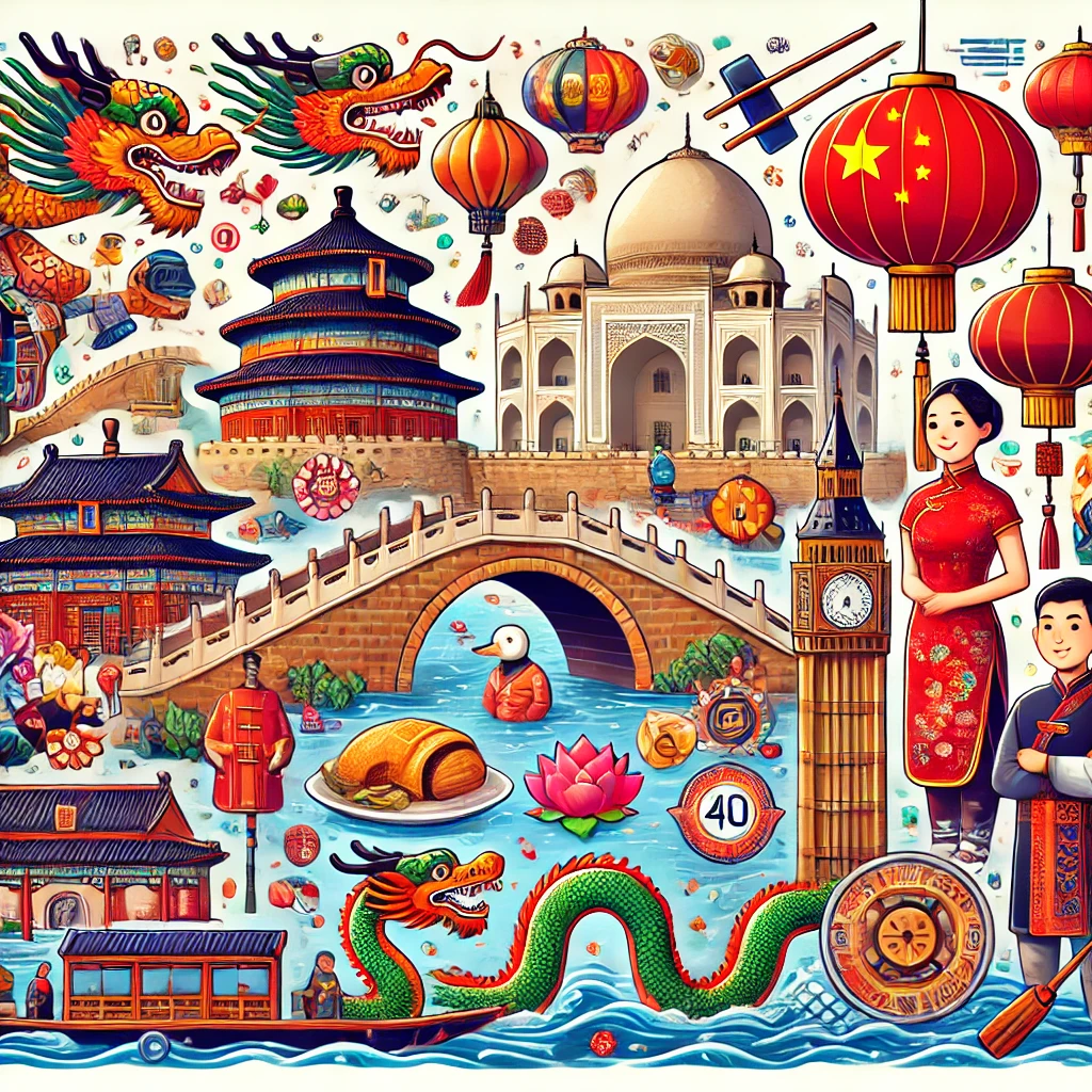 An engaging quiz image showcasing China's iconic landmarks such as the Great Wall, traditional Chinese lanterns, Peking duck, dragon boat festival scenes, and cultural elements like cheongsams and calligraphy. Highlight a dynamic and interactive quiz vibe.