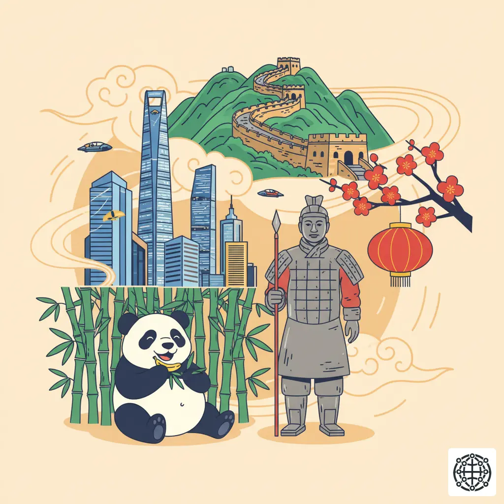 A stylized, modern illustration of China, blending ancient and new, with the Great Wall, a futuristic city skyline, a terracotta warrior, and a panda.