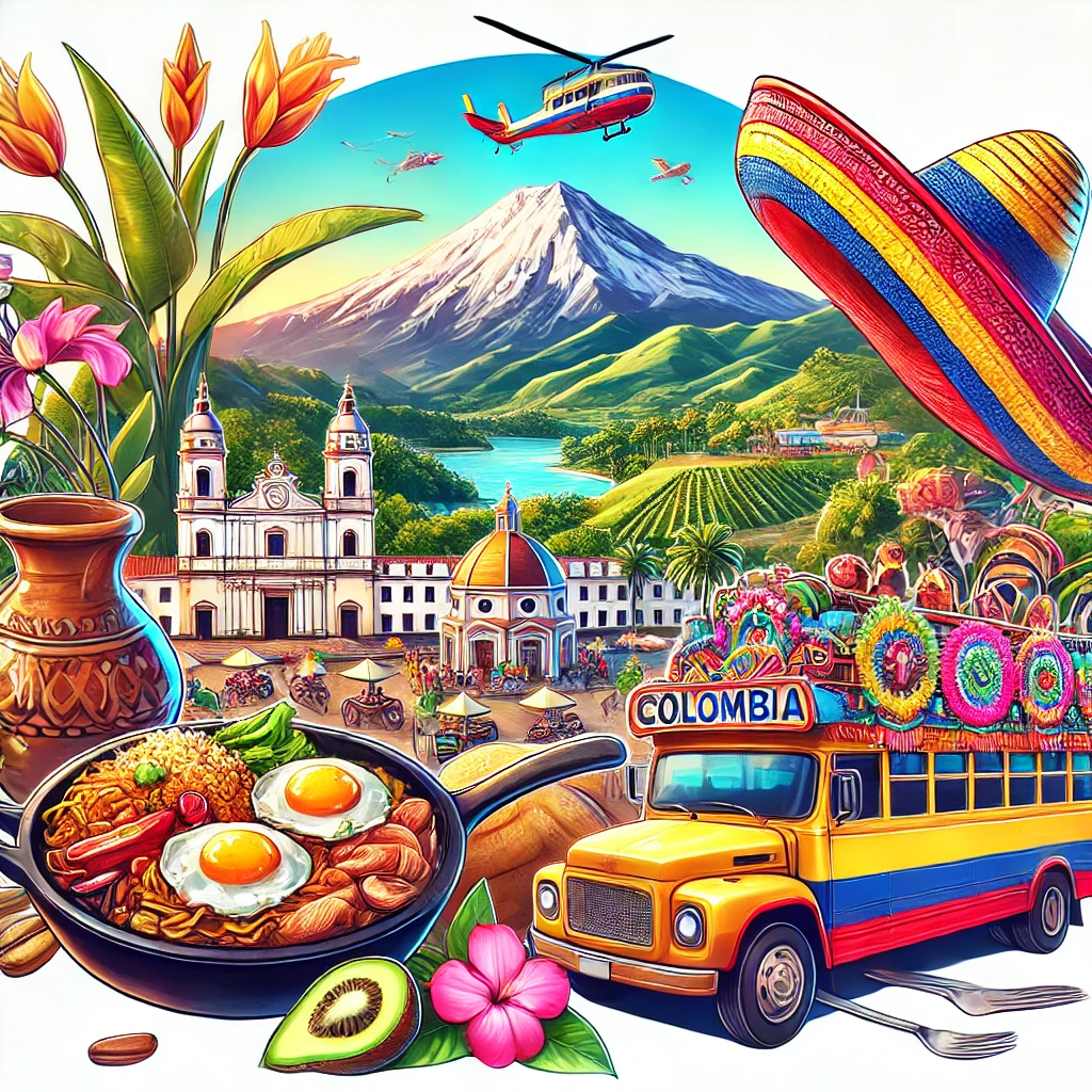 A vibrant image featuring a traditional Bandeja Paisa dish, Sombrero Vueltiao, the Flower Festival in Medellín, colorful Chiva buses, and Colombia’s lush coffee plantations with a backdrop of mountains.