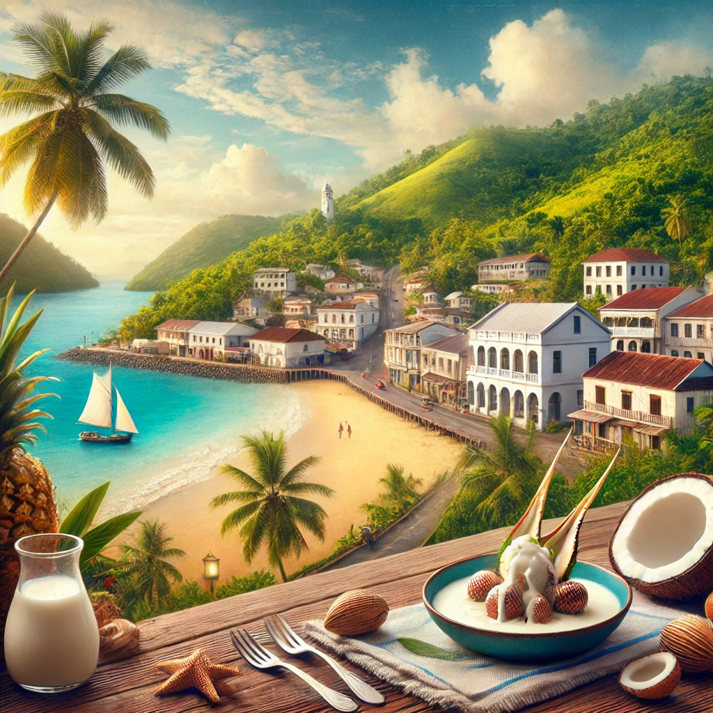 An image of Moroni city with its whitewashed buildings, a scenic beach surrounded by lush vegetation, and a traditional dish of Langouste a la Vanille served with coconut sauce.