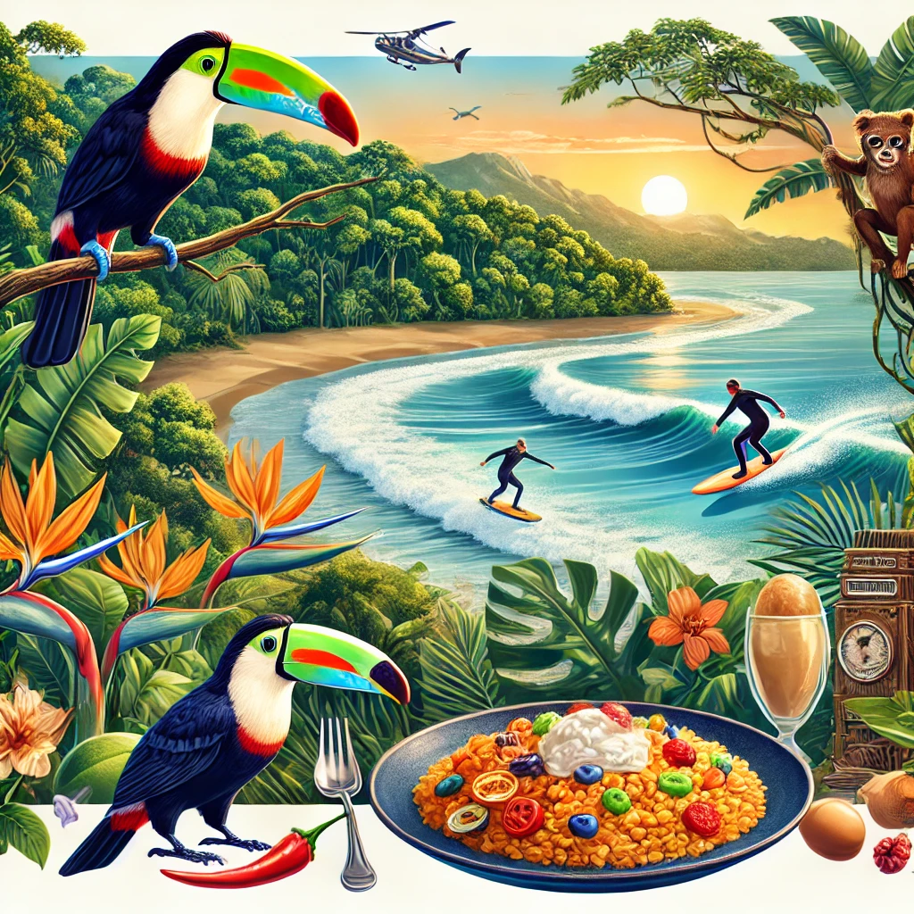 An image showcasing Costa Rica’s lush rainforests, vibrant wildlife, iconic Gallo Pinto dish, and surfers enjoying the waves at a scenic beach.