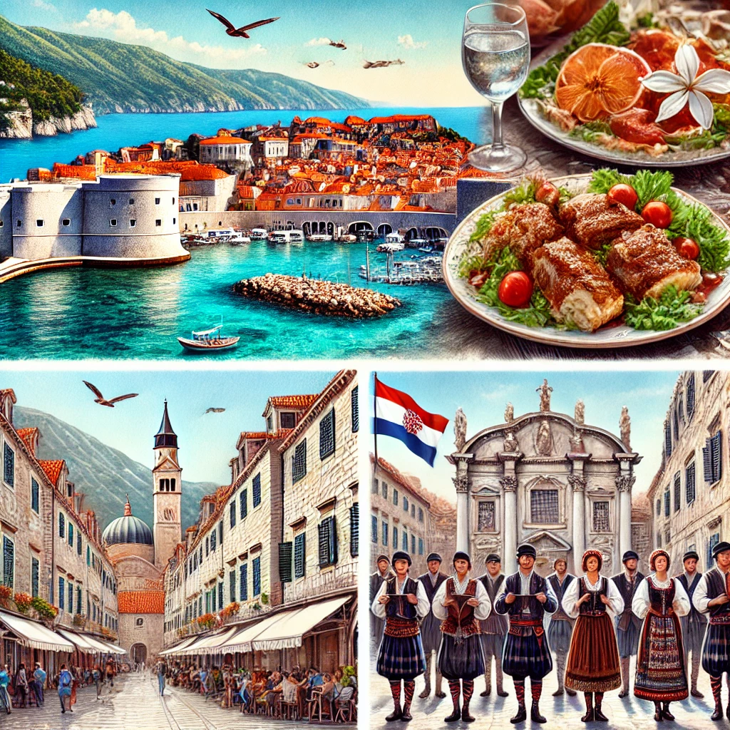 A picturesque view of the Adriatic coastline, the old town of Dubrovnik, traditional Croatian Pašticada dish, and Klapa singers performing in traditional attire.