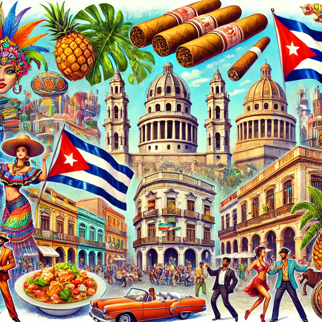 A lively and engaging quiz setup featuring Cuban landmarks, cultural elements like traditional dishes and cigars, Cuban dancers performing Salsa, and iconic visuals such as Havana's colorful streets.