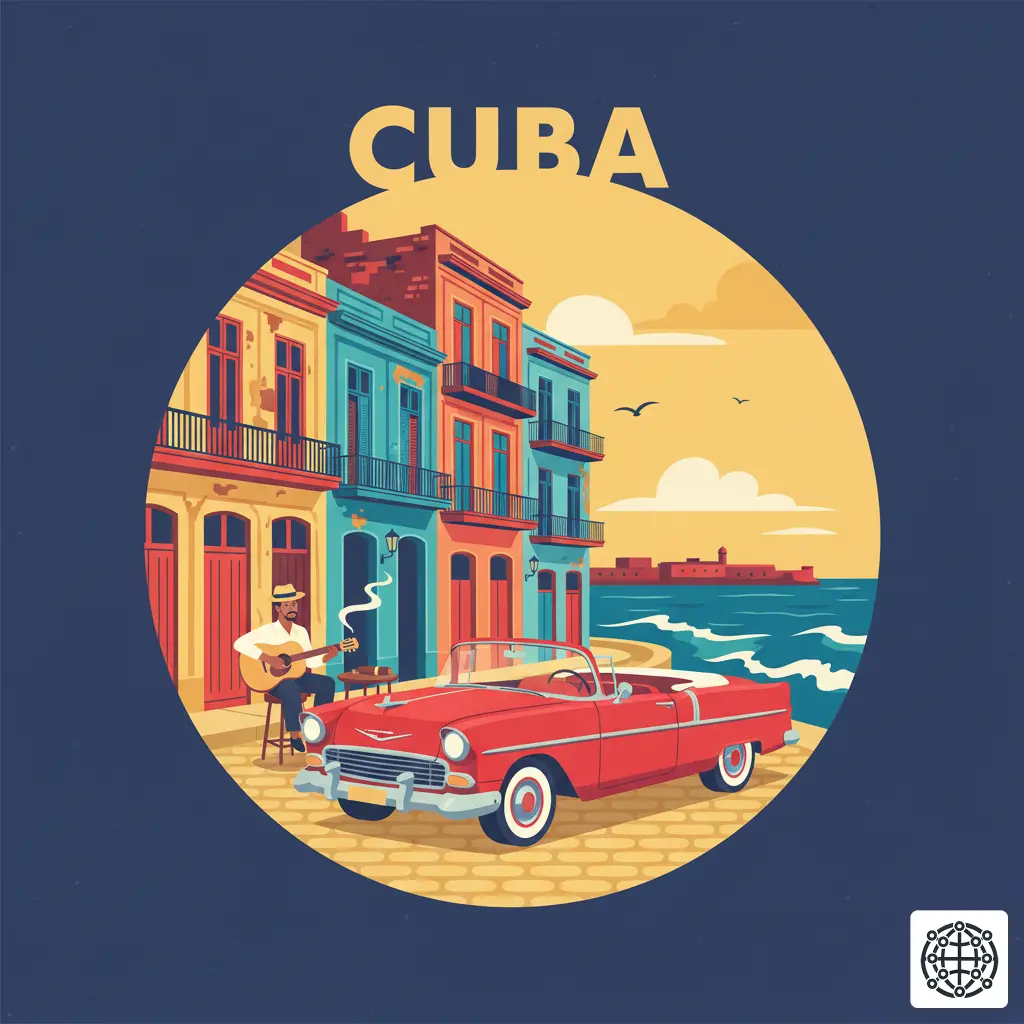 A stylized, modern illustration of Cuba, featuring a classic American car in front of colorful Havana buildings, a musician playing a guitar, a Cuban cigar, and the Malecón seawall.