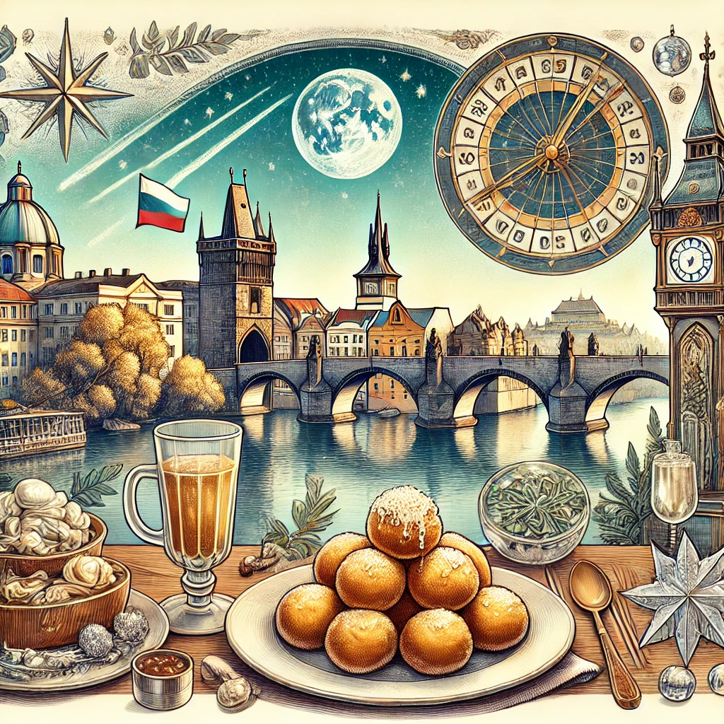 A scenic view of Prague with Charles Bridge, a plate of traditional Svíčková with dumplings, a display of Bohemian Crystal, and the Orloj astronomical clock in the background.