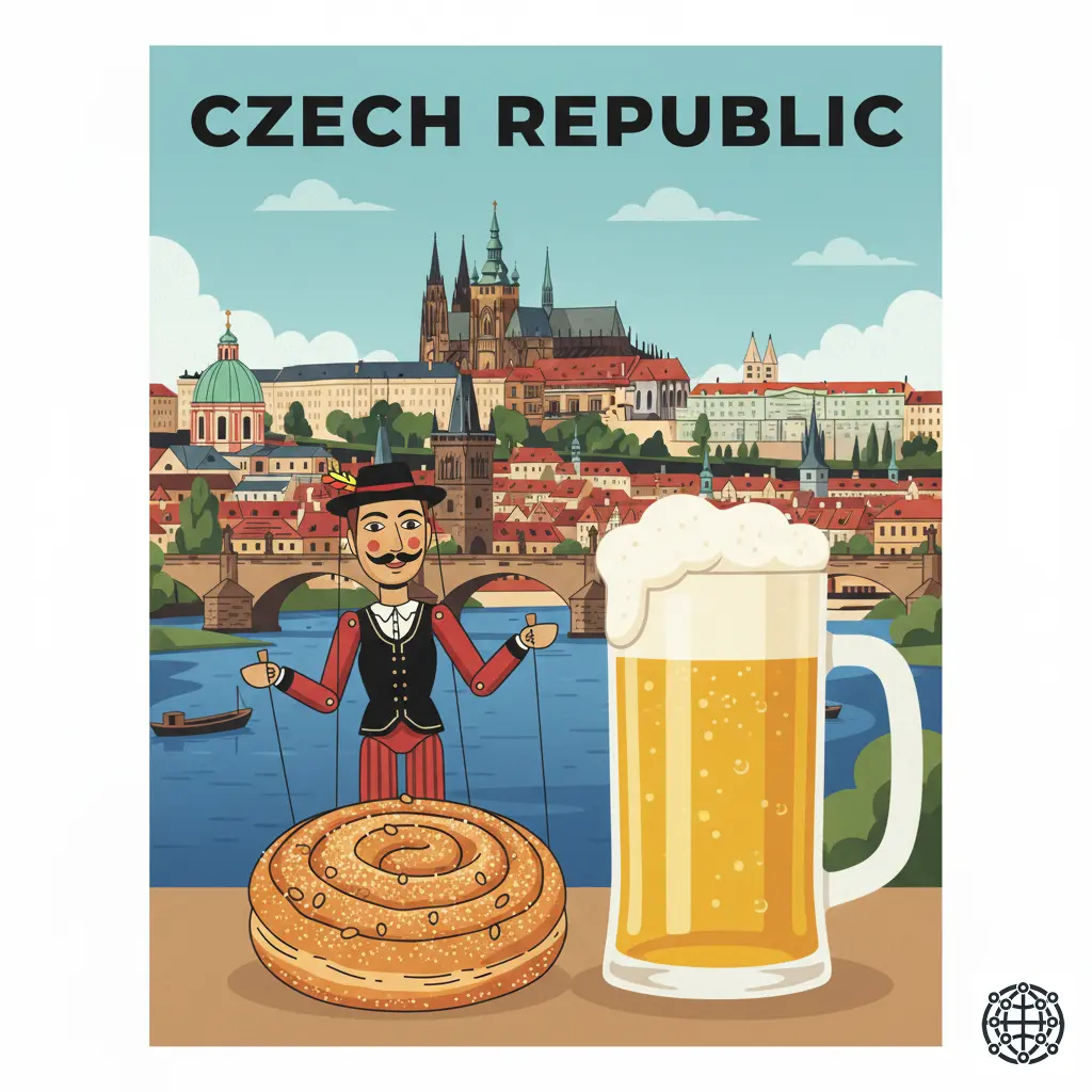 A stylized, modern illustration of the Czech Republic, featuring Prague Castle and the Charles Bridge, a glass of pilsner beer, a traditional Trdelník pastry, and a marionette.