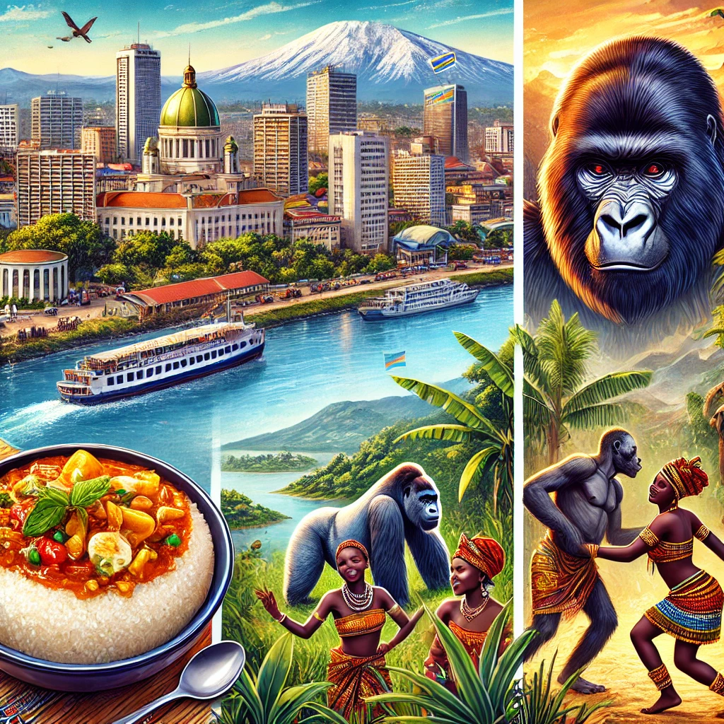 A detailed image of Kinshasa’s cityscape along the Congo River, a bowl of Fufu with traditional stew, Virunga National Park with mountain gorillas, and a vibrant cultural dance scene representing Soukous music.