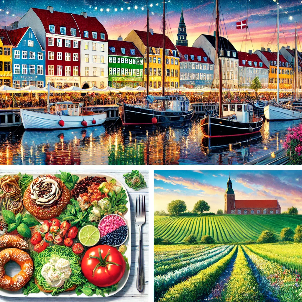 A vibrant view of Copenhagen’s Nyhavn waterfront with colorful buildings, a traditional Smørrebrød platter, Tivoli Gardens lit up at night, and a peaceful Danish countryside scene.