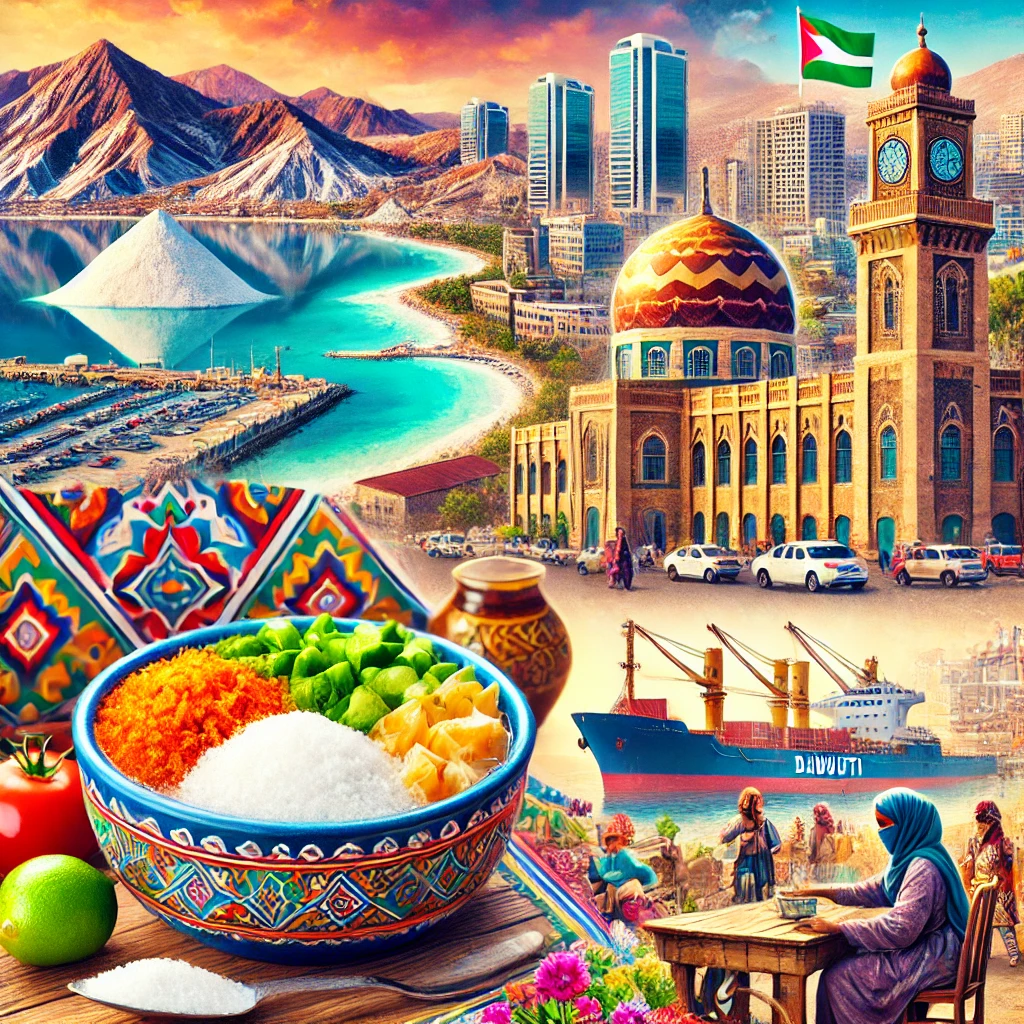 A vibrant image showcasing Lake Assal, Djibouti City skyline, traditional Skoudehkaris dish, and a bustling port scene reflecting Djibouti's rich culture and economic activities.