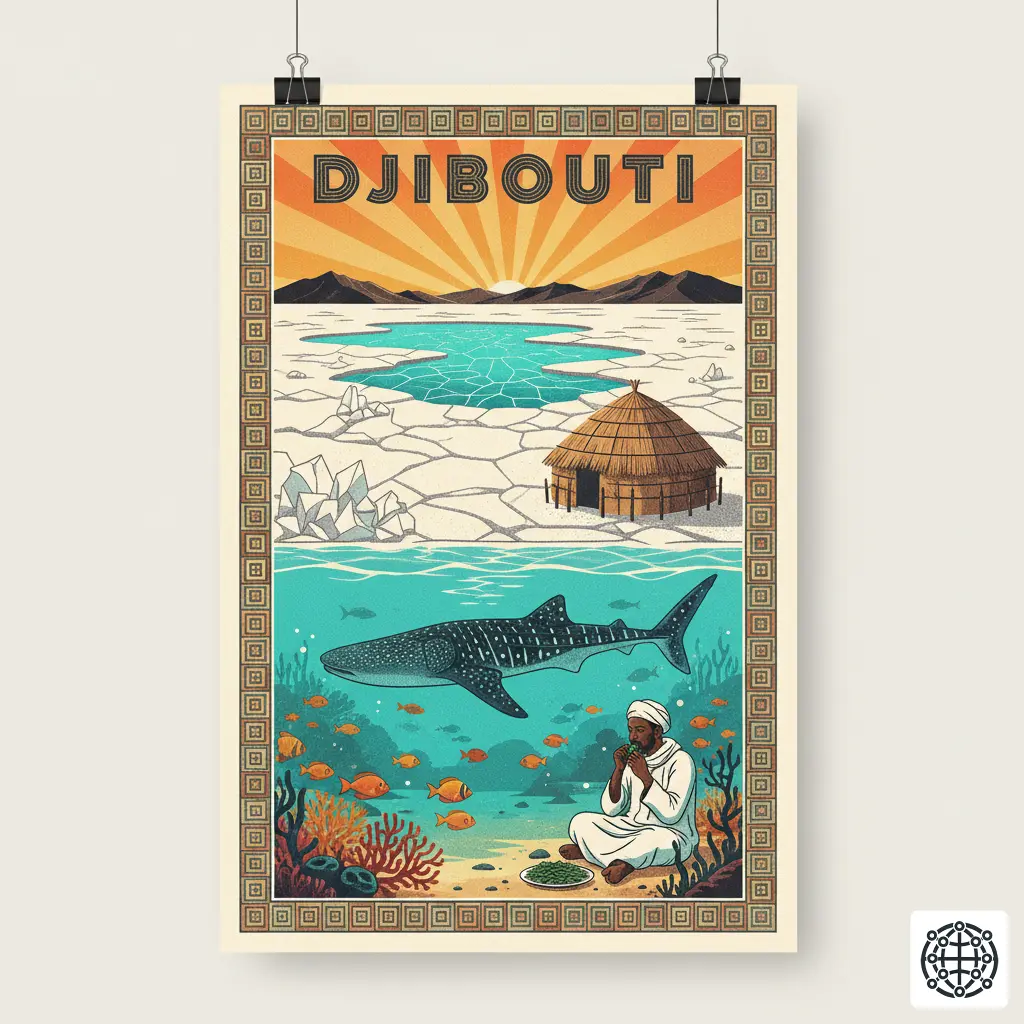 A stylized, modern illustration of Djibouti, featuring the salt flats of Lake Assal, a traditional Afar hut, a whale shark in the Red Sea, and a person chewing qat.