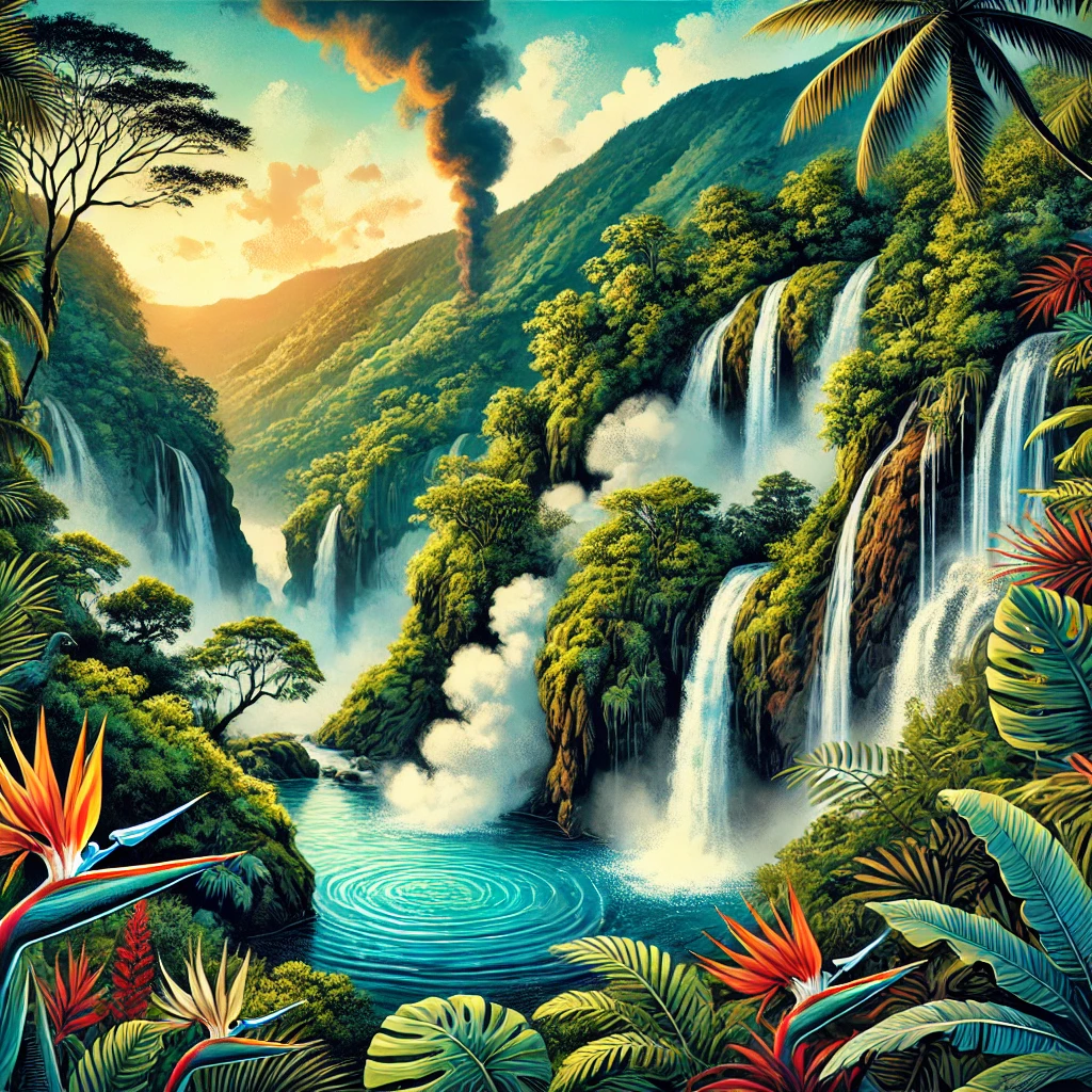 A vibrant illustration of Dominica featuring lush rainforests, waterfalls, and the famous Boiling Lake.