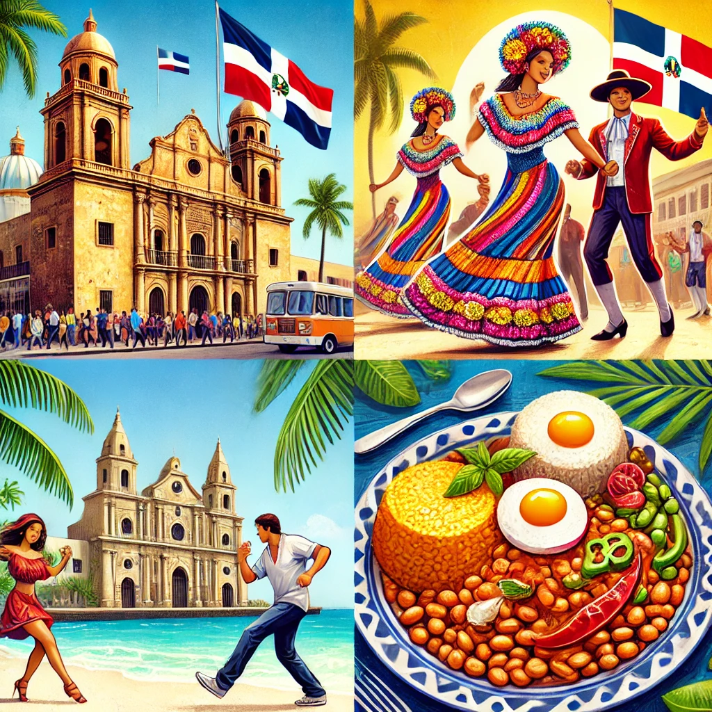 A vibrant view of Santo Domingo’s historic architecture, a plate of La Bandera with rice, beans, and meat, a lively Merengue dance scene, and the white-sand beaches of Punta Cana.