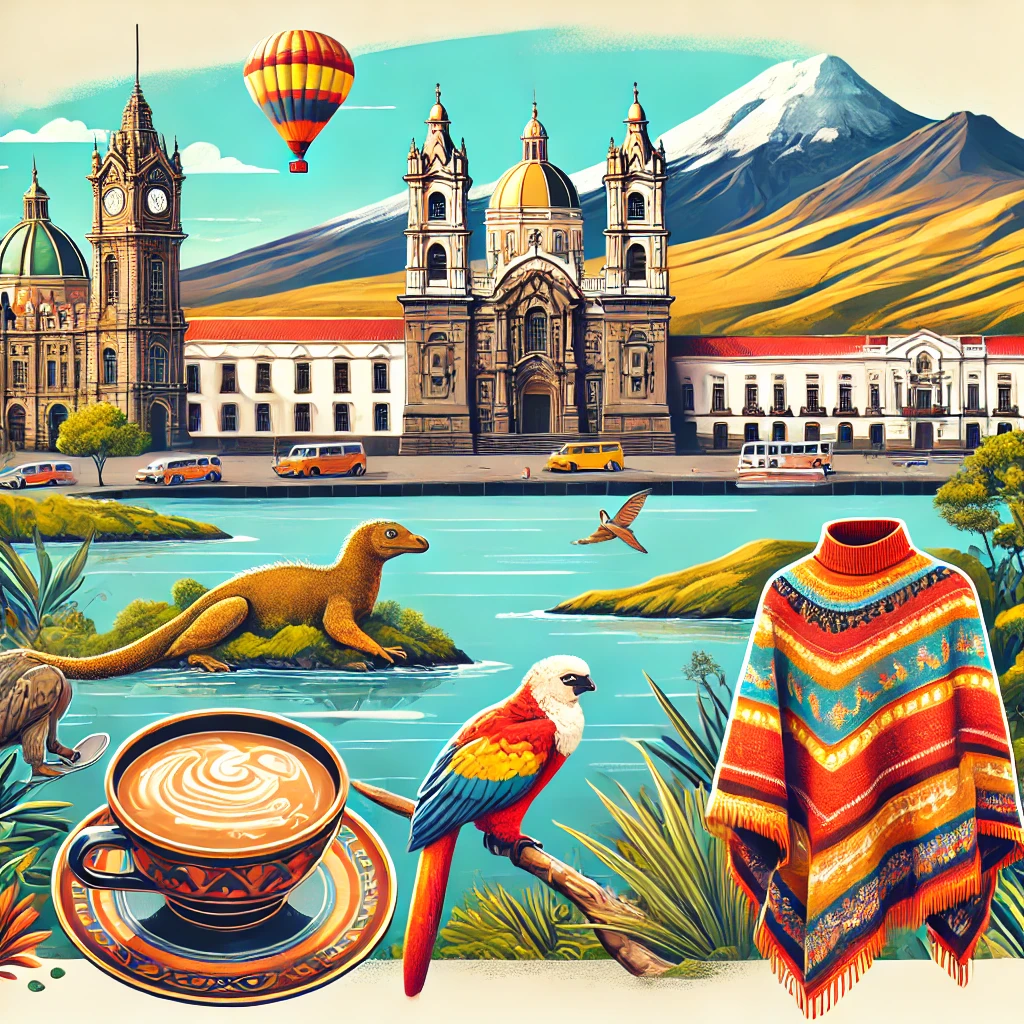 An image showcasing the Quito skyline, the Galápagos Islands' unique wildlife, a traditional dish of Cuy, and a person wearing a colorful Andean poncho in the highlands.