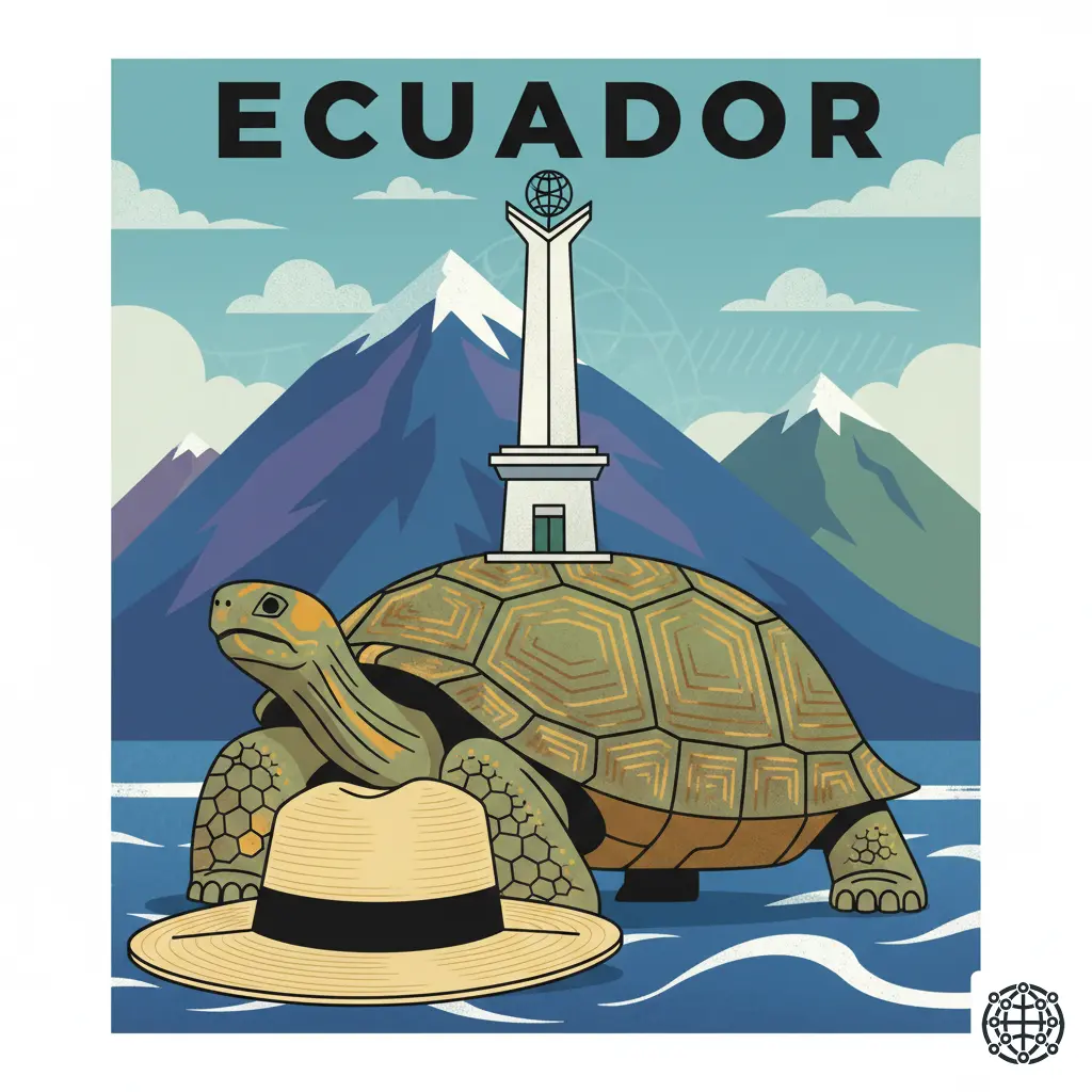 A stylized, modern illustration of Ecuador, featuring a Galápagos tortoise, the Mitad del Mundo monument, a Panama hat, and the Andes mountains.
