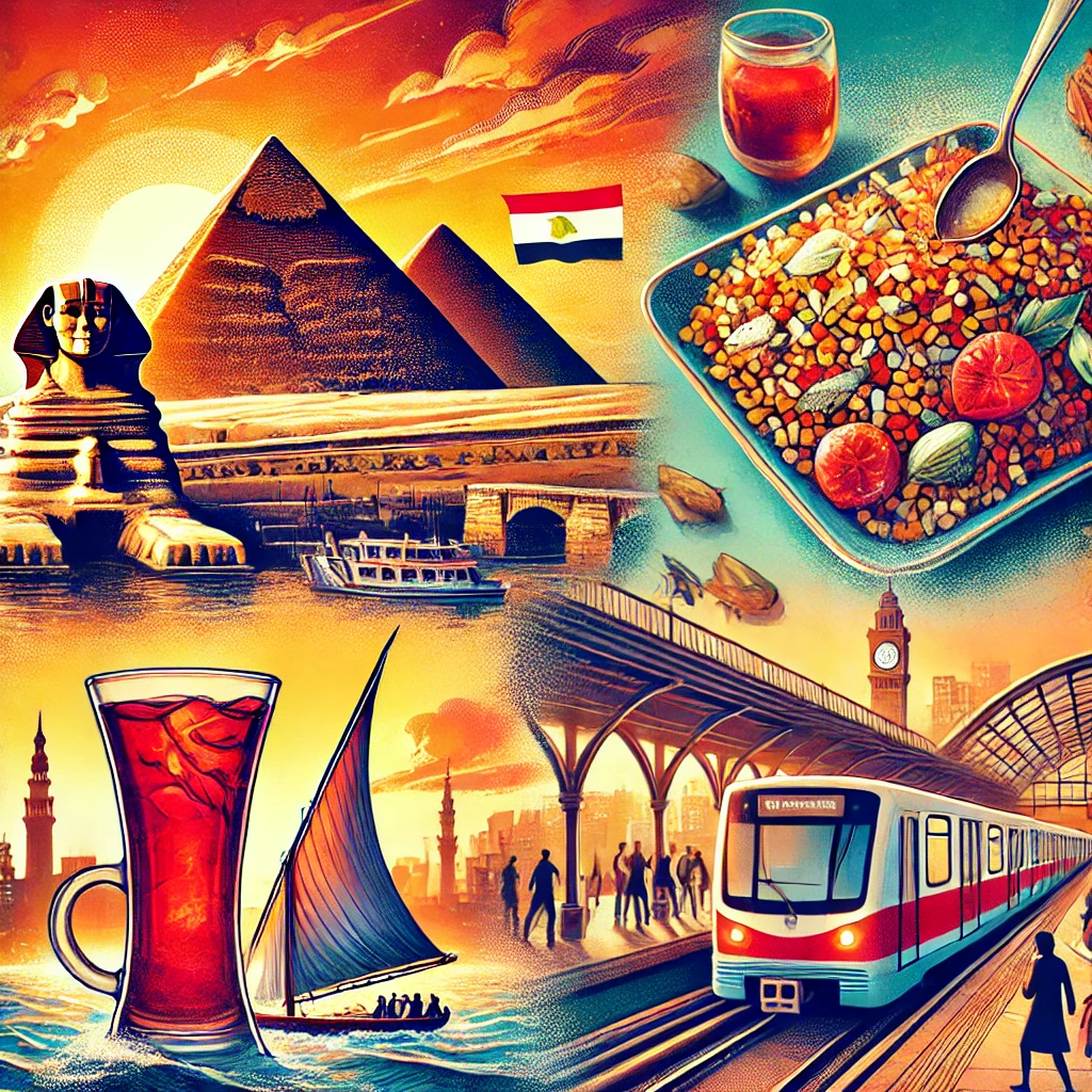 A vibrant image showcasing the Pyramids of Giza at sunset, a plate of Koshari, a glass of hibiscus tea, the Nile River with traditional feluccas, and a bustling Cairo metro station.