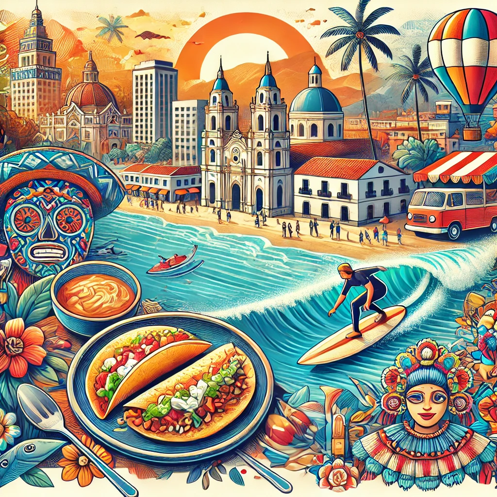 An image featuring the cityscape of San Salvador, traditional Pupusas, iconic surfing beaches, and vibrant festival celebrations.