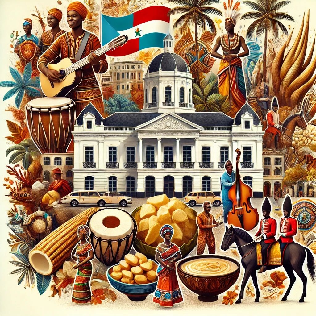 A visually engaging image prompt featuring Equatorial Guinea's landmarks such as Malabo's colonial architecture, vibrant traditional attire, and cultural elements like cassava-based dishes and Balélé music performances in a lively and inviting atmosphere.