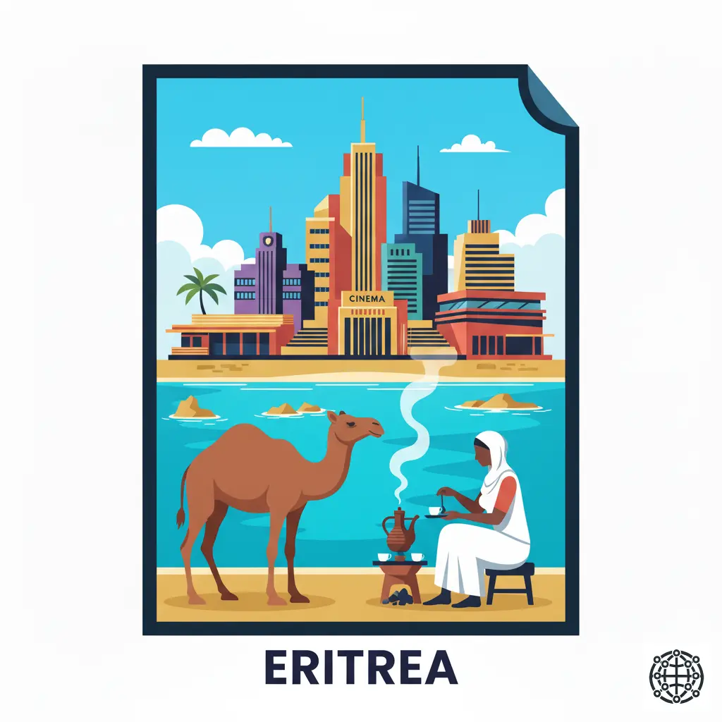 A stylized, modern illustration of Eritrea, featuring the modernist architecture of Asmara, a traditional coffee ceremony (buna), the Dahlak Archipelago coastline, and a camel.