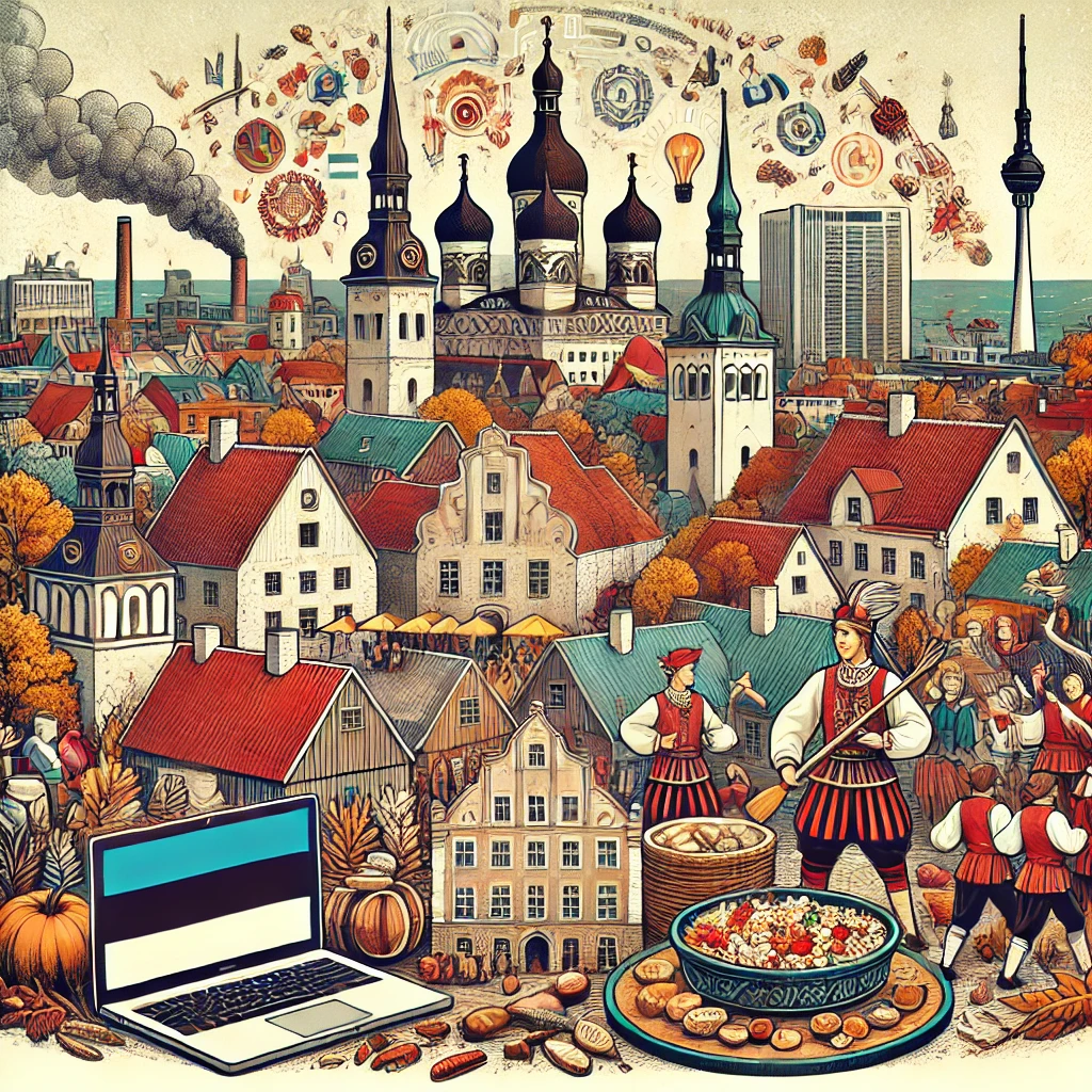 A detailed illustration featuring Estonia’s historic Tallinn skyline, traditional dishes like Mulgikapsad, and cultural events like Jaanipäev celebrations, highlighting the country’s tech-savvy innovations such as Skype.