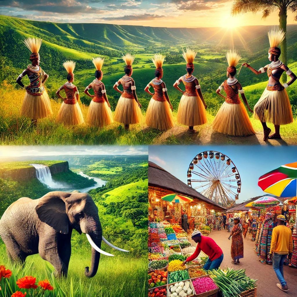 A vibrant image showing the rolling hills of Eswatini, a group of women in traditional Umhlanga Reed Dance attire, an elephant in Hlane Royal National Park, and a colorful local market in Mbabane.