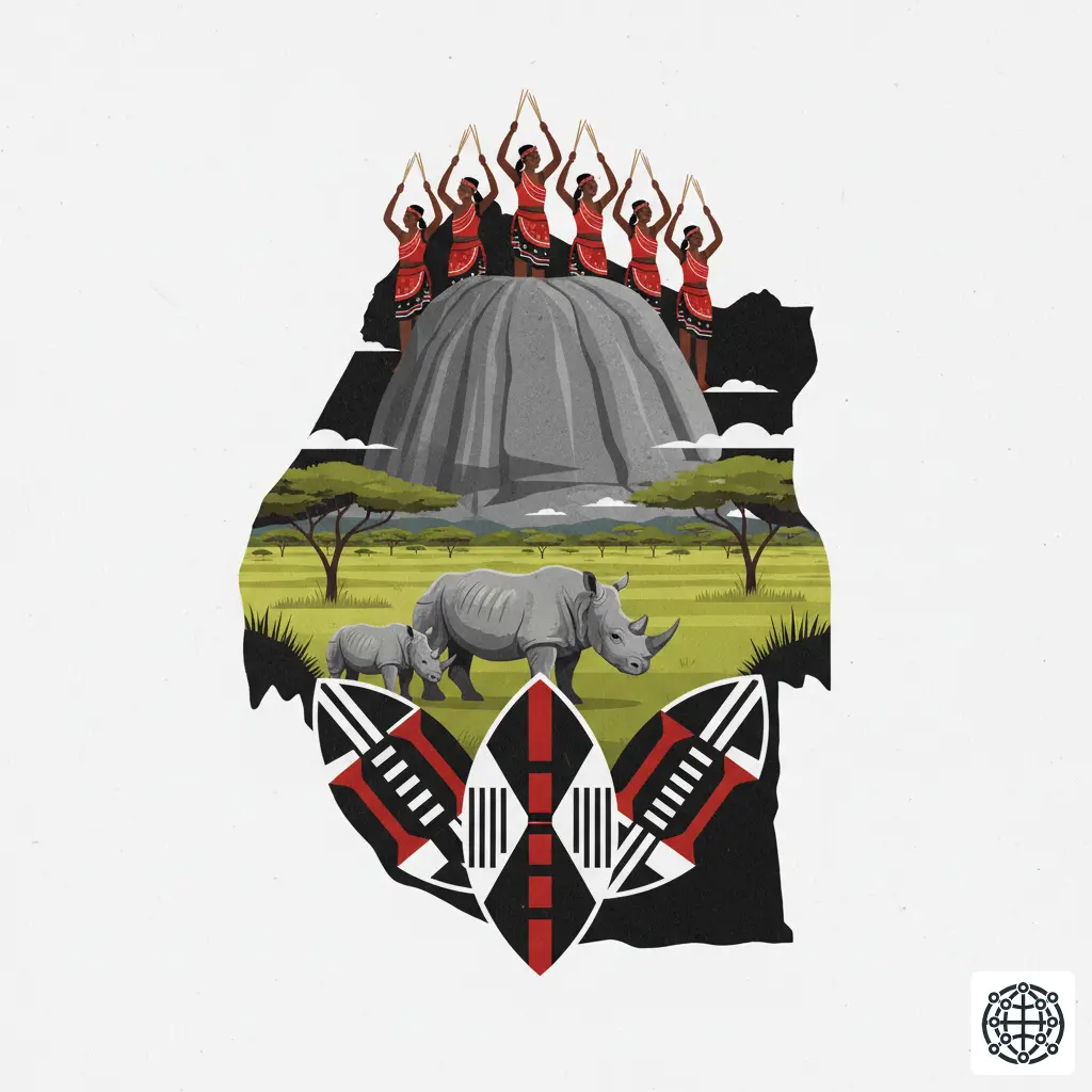 A stylized, modern illustration of Eswatini, featuring maidens at the Umhlanga Reed Dance, a rhinoceros in a wildlife reserve, the Sibebe Rock, and traditional Swazi shield patterns.