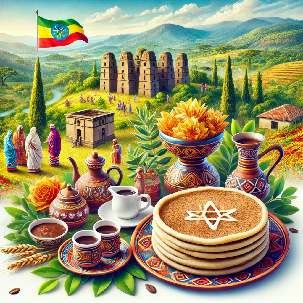 A image featuring Ethiopian cultural elements like injera on a traditional plate, a coffee ceremony setup, and the Lalibela Rock Churches. The background includes Ethiopia’s vibrant landscapes and traditional attire.