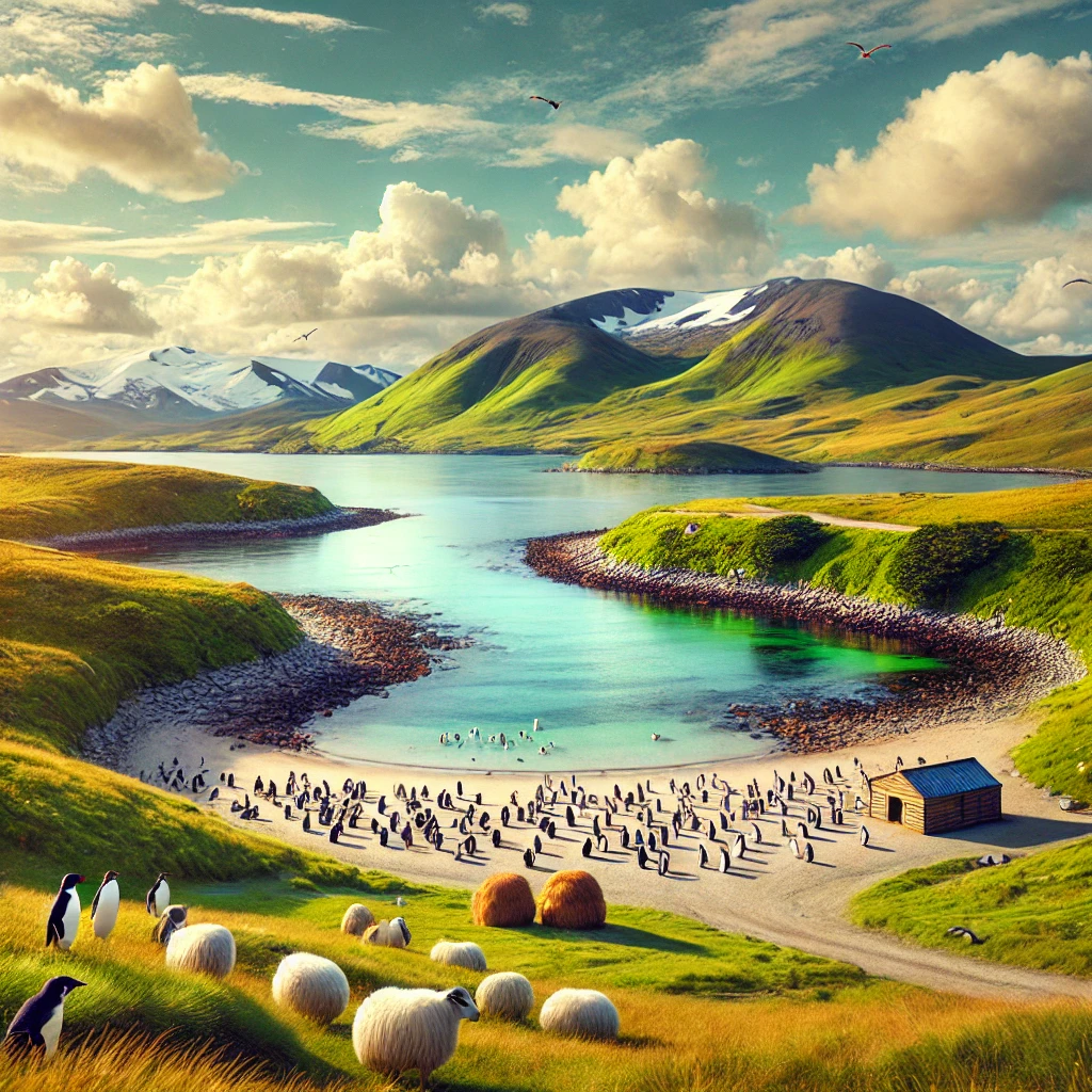 A scenic view of the Falkland Islands featuring Stanley Harbor, rolling green hills, grazing sheep, and a colony of penguins near the shoreline under a partly cloudy sky.