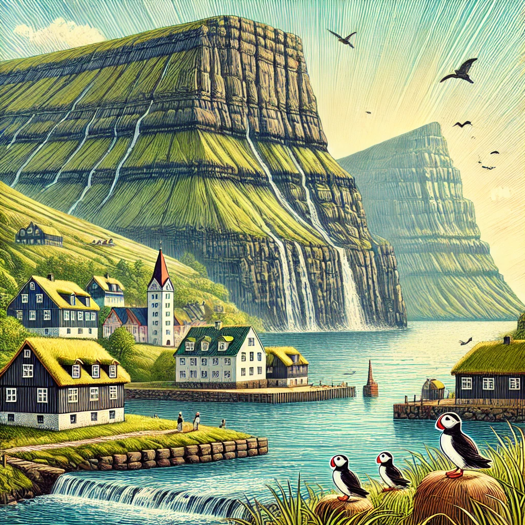 A scenic illustration of the Faroe Islands, showcasing Tórshavn, dramatic cliffs, lush green mountains, and puffins.