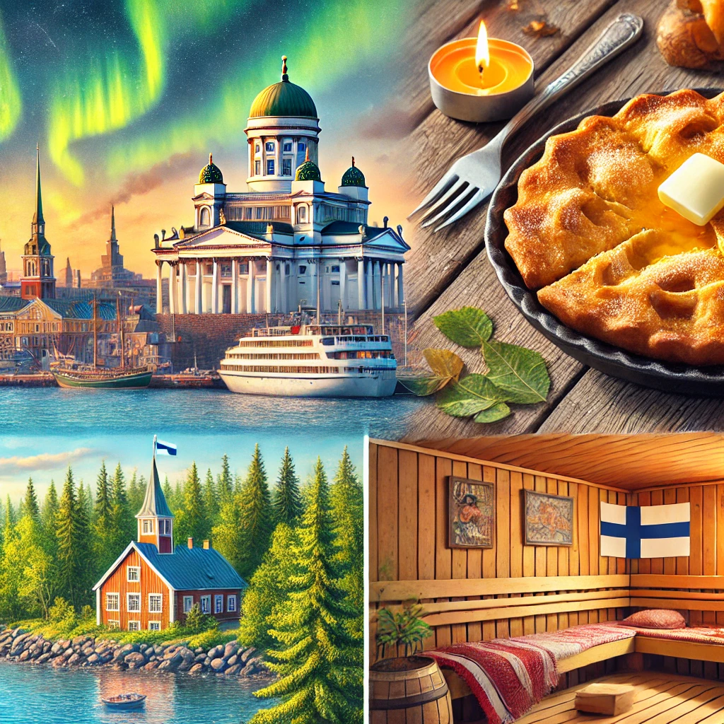 A scenic view of Helsinki’s harbor with the iconic cathedral, a plate of Karelian pie with butter, vibrant Northern Lights over a Finnish forest, and a traditional sauna experience with hot stones.