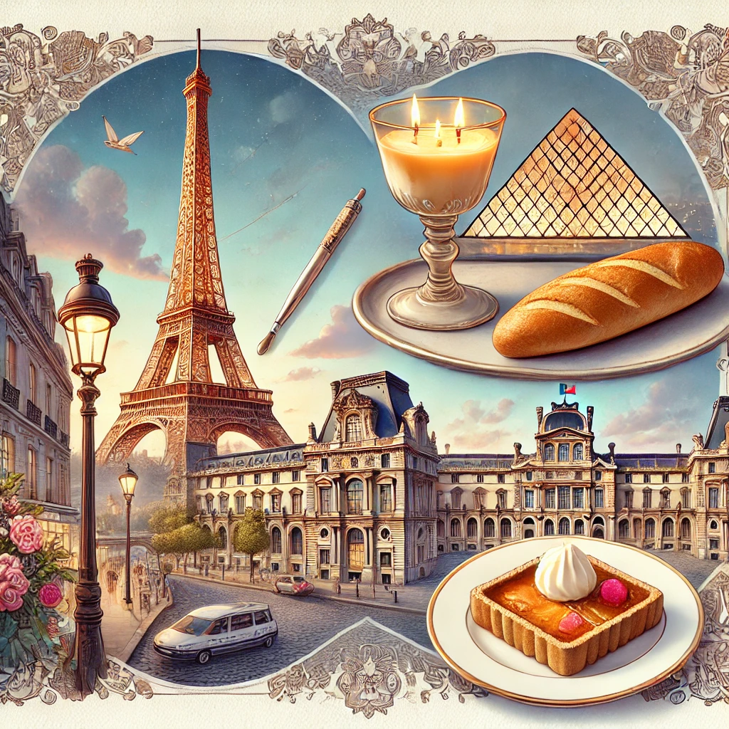 A picturesque view of iconic French landmarks: the Eiffel Tower, a table with a baguette and Crème Brûlée, a scenic Parisian street, and the Louvre pyramid lit up at night.