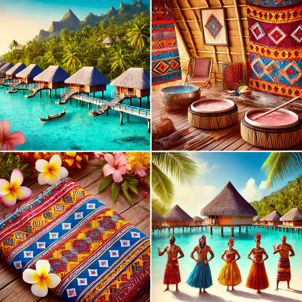 A serene image of French Polynesia featuring overwater bungalows in Bora Bora, vibrant Pareo fabric, traditional Poisson Cru preparation, and a Heiva festival performance with dancers and drums.