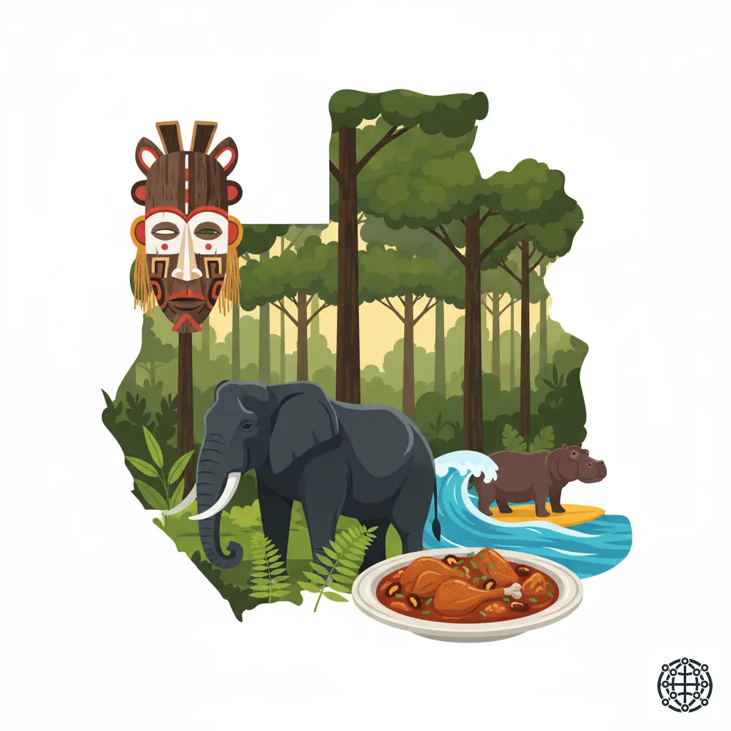 A stylized, modern illustration of Gabon, featuring a forest elephant in a lush rainforest, a traditional Fang mask, a 'surfing hippo' on the coast of Loango National Park, and a plate of Poulet Nyembwe.