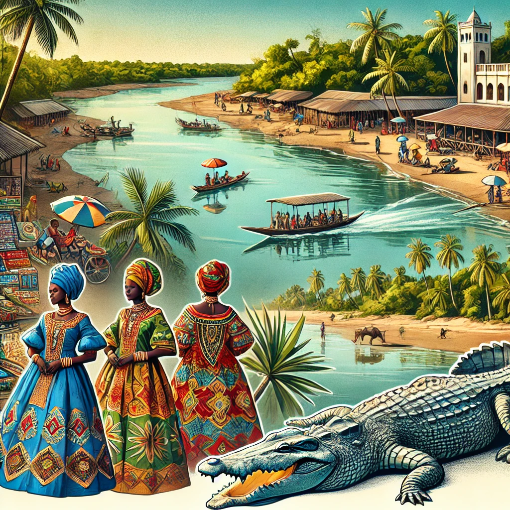 An illustration of The Gambia River with lush surroundings, a traditional market scene in Banjul, women dressed in colorful Grand Boubous, and a close-up of a crocodile from the Kachikally Crocodile Pool.