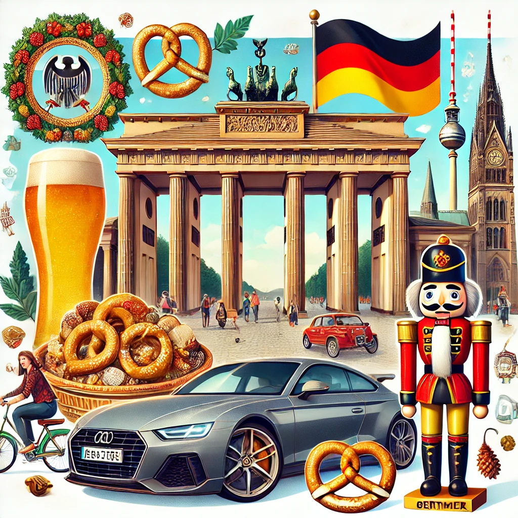 An engaging quiz image featuring iconic German elements such as Brandenburg Gate, Oktoberfest, bratwurst, nutcrackers, and luxurious German cars. Highlight Germany’s blend of history, culture, and modern innovation.