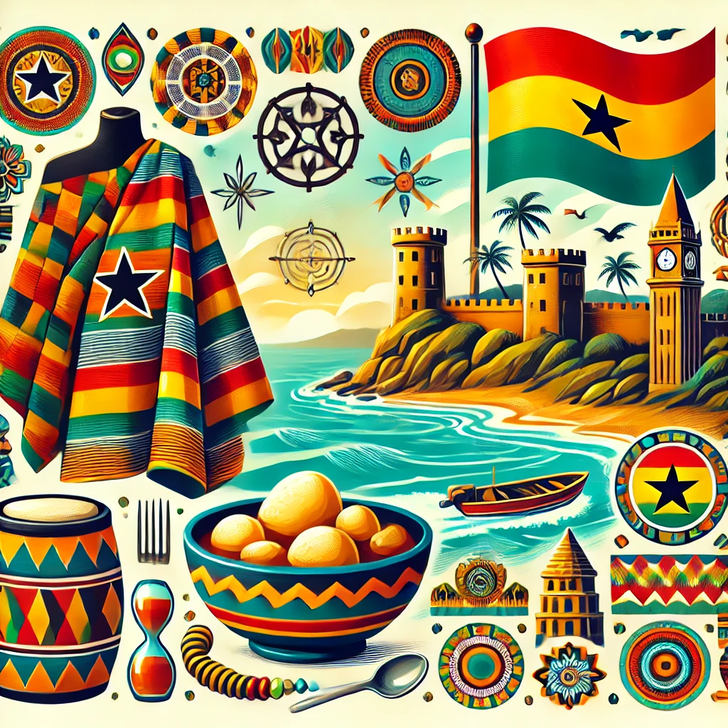 A colorful image featuring Kente fabric, a bowl of Fufu with soup, the Cape Coast Castle in Ghana, and Adinkra symbols representing Ghanaian culture and philosophy.