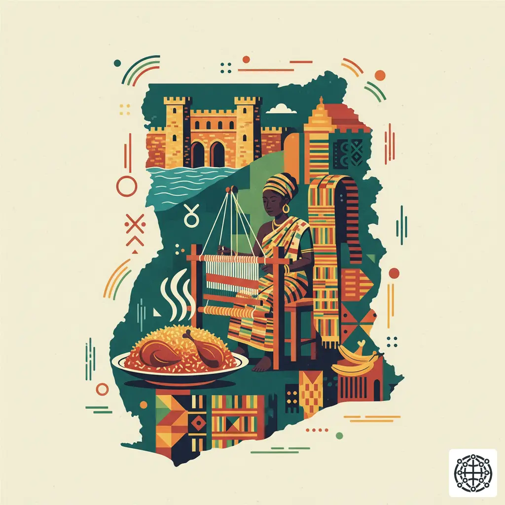 A stylized, modern illustration of Ghana, featuring Cape Coast Castle, a woman weaving Kente cloth, Adinkra symbols, and a plate of Jollof rice.