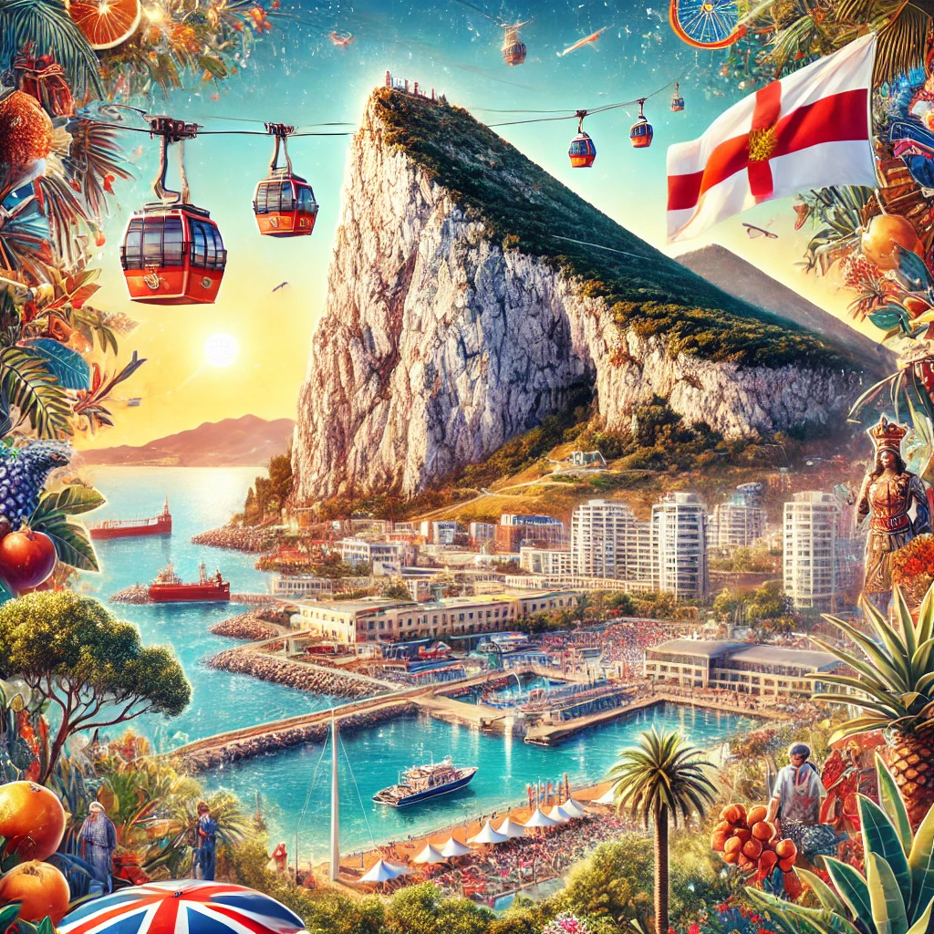 A scenic view of the Rock of Gibraltar with vibrant Mediterranean surroundings, cable cars, and the sea in the background. Include elements of Gibraltar's cultural events like National Day celebrations.