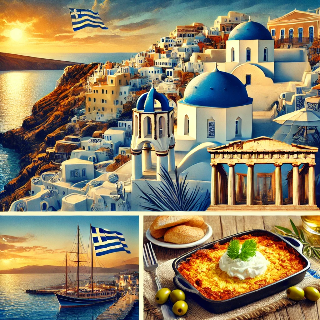 A breathtaking view of Santorini featuring white-washed buildings with blue domes overlooking the Aegean Sea, the iconic Parthenon in Athens at sunset, and a traditional Greek dish of Moussaka served with fresh olives and bread.