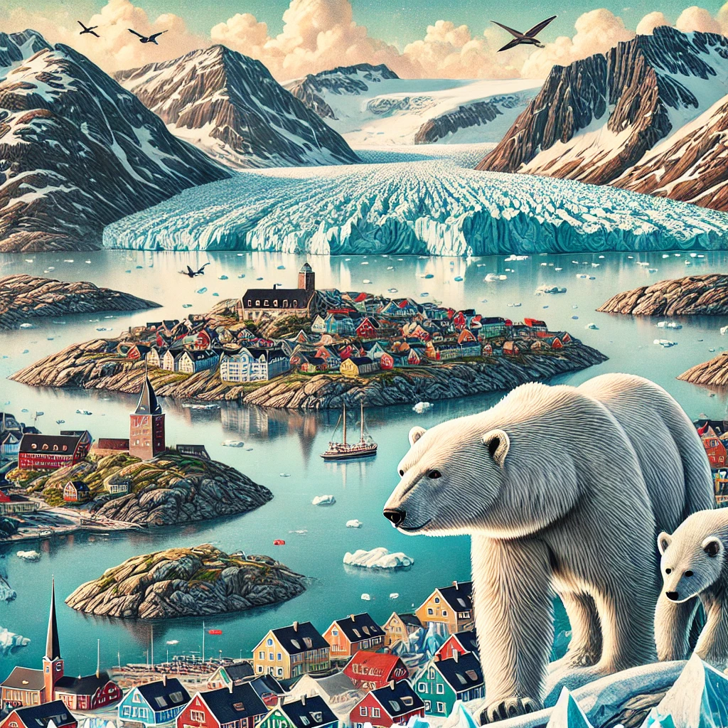 A detailed illustration of Greenland, featuring its icy landscapes, polar bears, glaciers, and the capital city Nuuk.