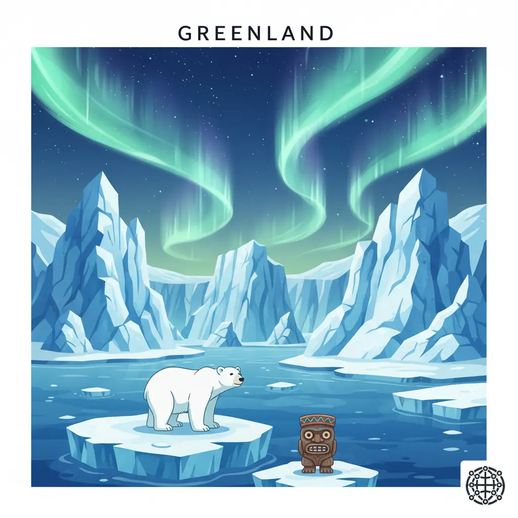 A stylized, modern illustration of Greenland, featuring a massive iceberg in the Ilulissat Icefjord, a polar bear, a traditional Inuit tupilak carving, and the Northern Lights.