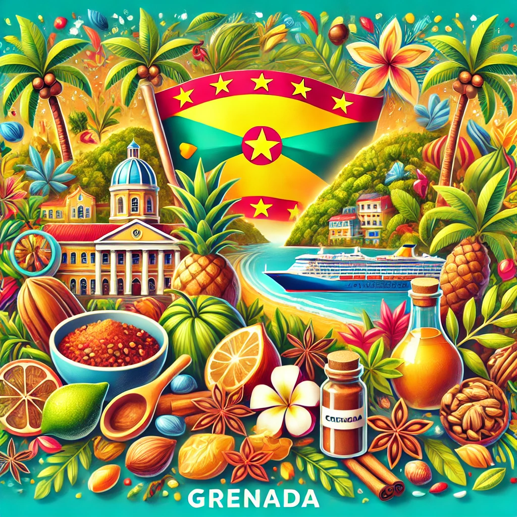 A vibrant Grenada, colorful tropical elements like spices and palm trees. The atmosphere should feel educational and fun, emphasizing Grenada's cultural charm.