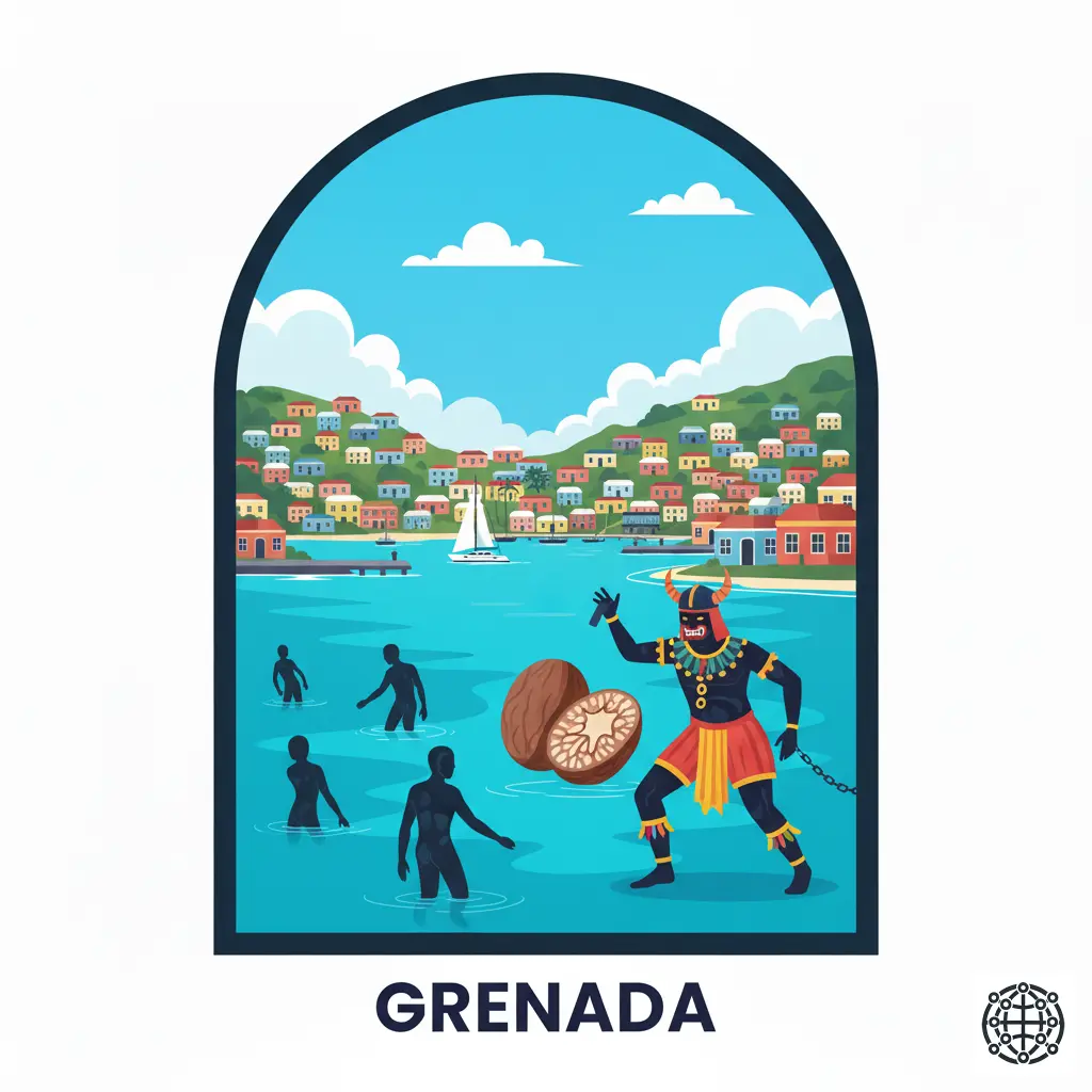 A stylized, modern illustration of Grenada, featuring the Molinere Underwater Sculpture Park, a nutmeg pod, a colorful 'Jab Jab' carnival character, and the picturesque St. George's harbor.
