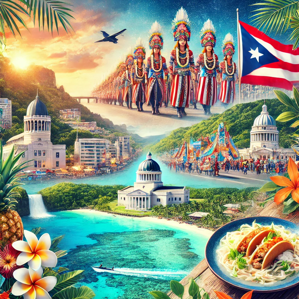 A captivating image featuring Guam's Hagåtña, Liberation Day festivities, traditional Chamorro dishes, and the pristine waters of the Pacific Ocean with snorkeling and beach scenes.