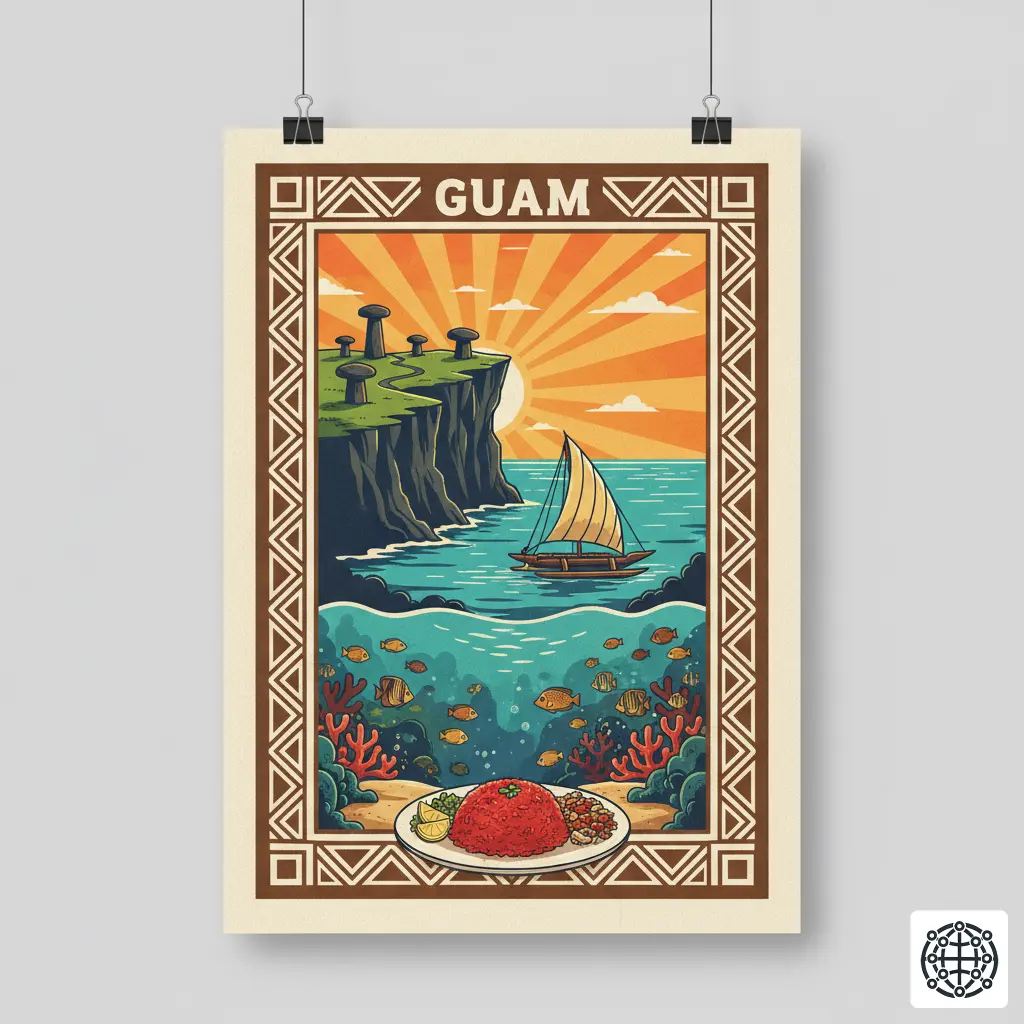 A stylized, modern illustration of Guam, featuring a Latte Stone, the Two Lovers Point cliff, a traditional Chamorro canoe, and a plate of red rice and kelaguen.