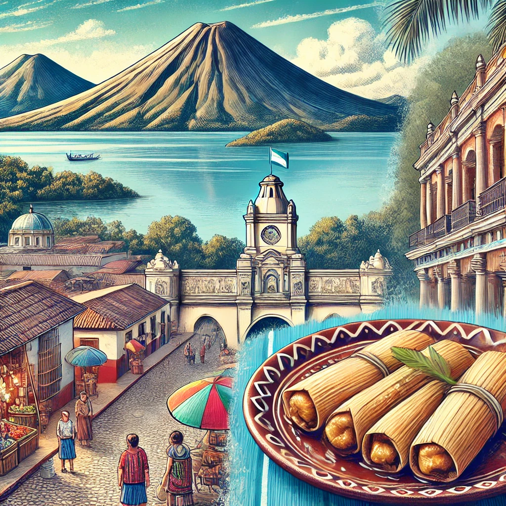 A beautiful view of Lake Atitlán surrounded by volcanoes, a traditional Guatemalan market, a delicious plate of Guatemalan Tamales, and the famous ancient city of Antigua.