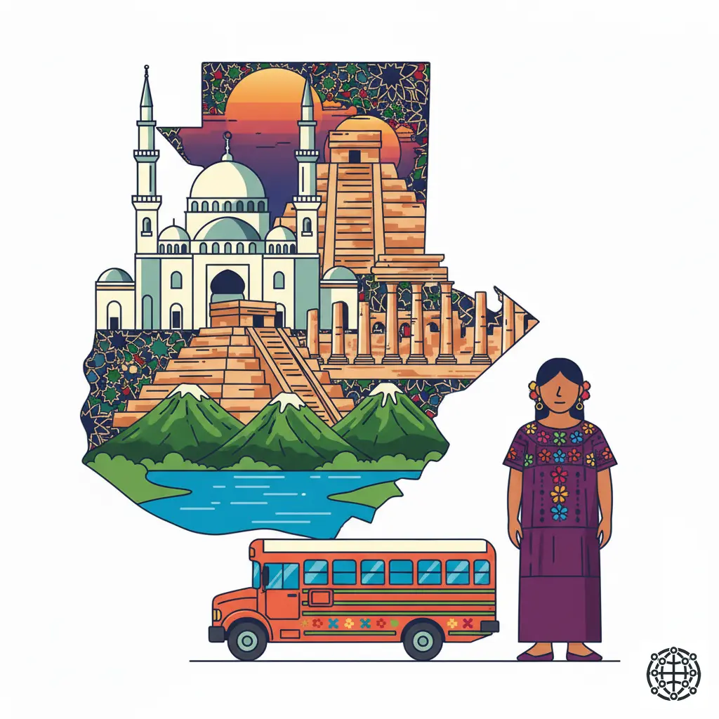 A stylized, modern illustration of Guatemala, featuring the Tikal pyramids, a colorful 'chicken bus', a woman wearing a traditional huipil, and Lake Atitlán with its volcanoes.