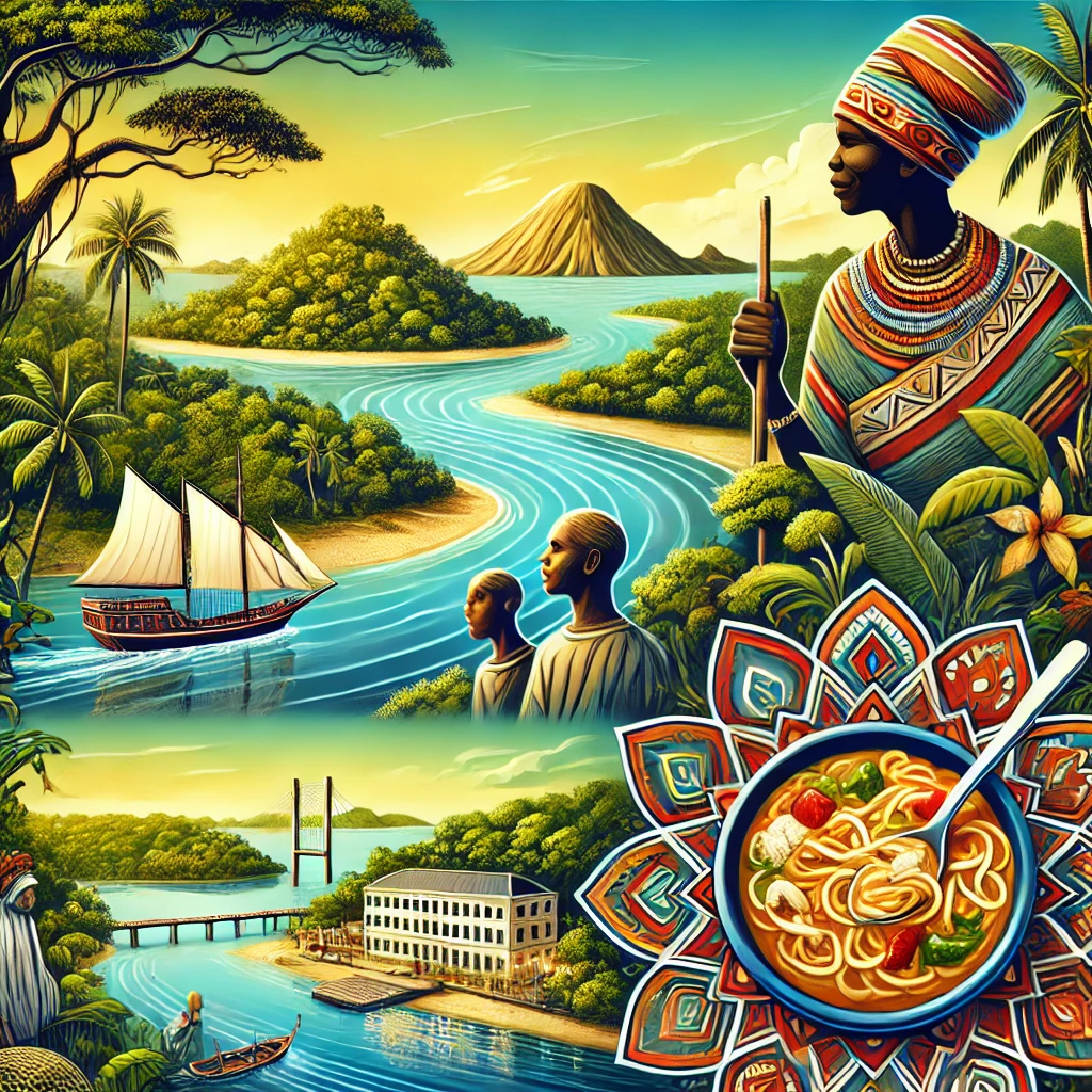 A vivid illustration of Guinea-Bissau's mangrove forests, traditional Caldo de Peixe dish, and scenes of the Bijagós Archipelago with vibrant cultural elements.