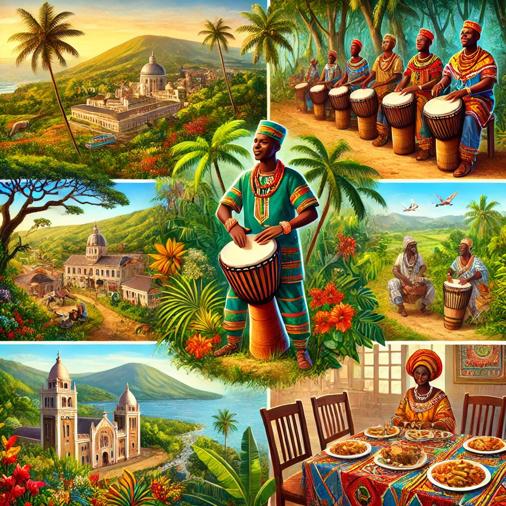 An engaging image showing the vibrant landscapes of Guinea, including tropical forests, a bustling scene of Djembe drumming, traditional dishes like Maafe, and landmarks with rich cultural significance.