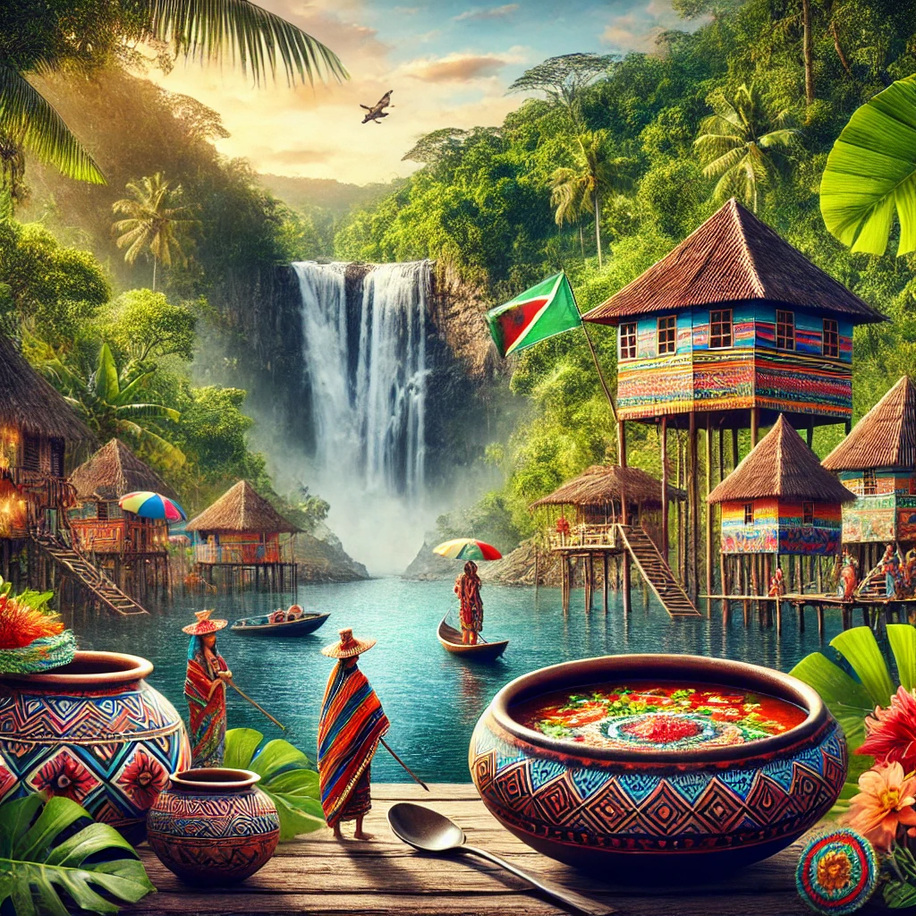 A captivating image featuring Guyana's iconic Kaieteur Falls, traditional Pepperpot dish, colorful stilt houses, and vibrant cultural attire, set against lush greenery and waterways, showcasing the country’s unique beauty and heritage.