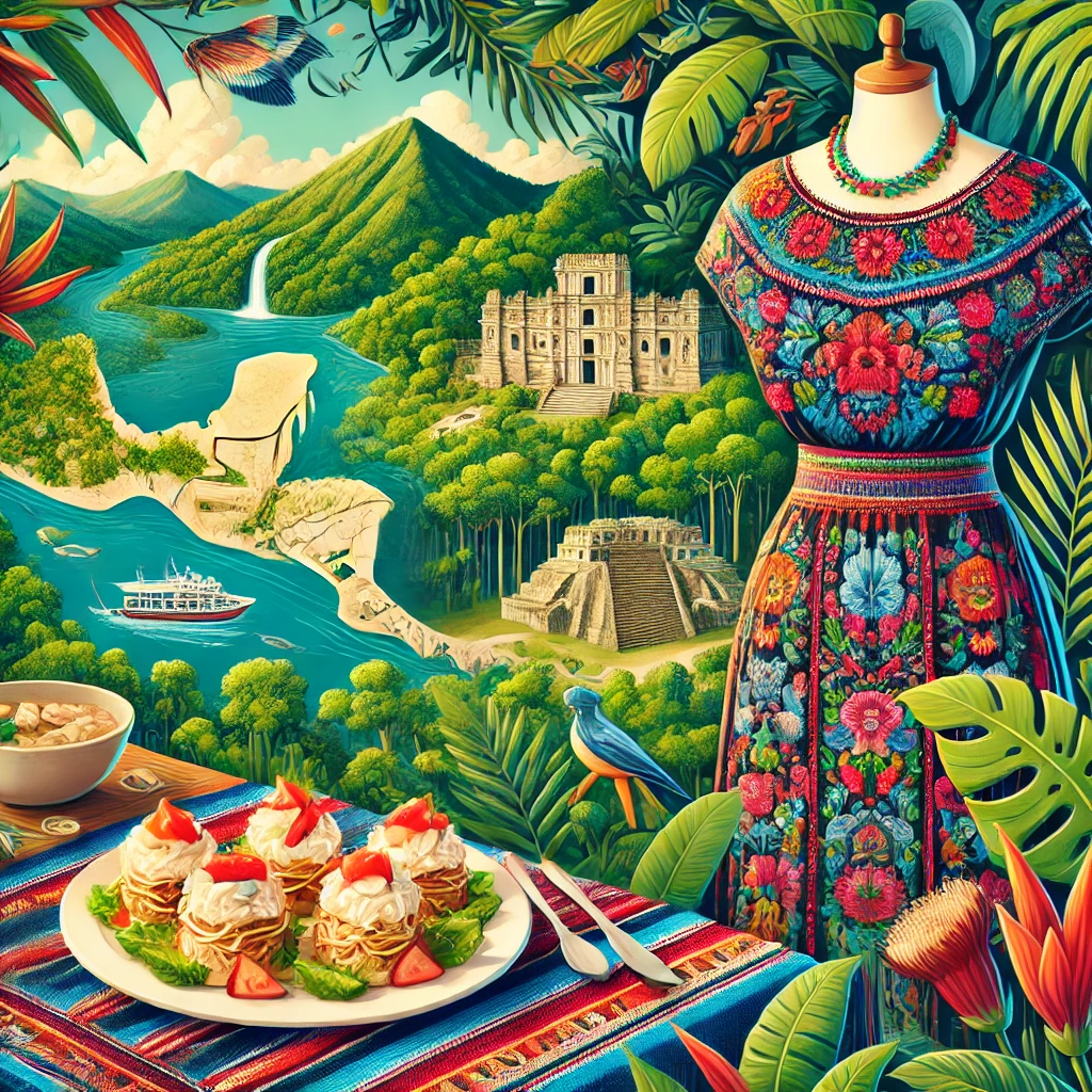 An image featuring a vibrant map of Honduras with its capital Tegucigalpa marked, a plate of Baleadas, a traditional embroidered dress, the Mayan ruins of Copán, and lush rainforests with coral reef elements, evoking the natural and cultural richness of the country.